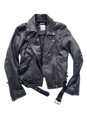 Zara trf Black Leather Moto Jacket Classic Biker Style Sz S